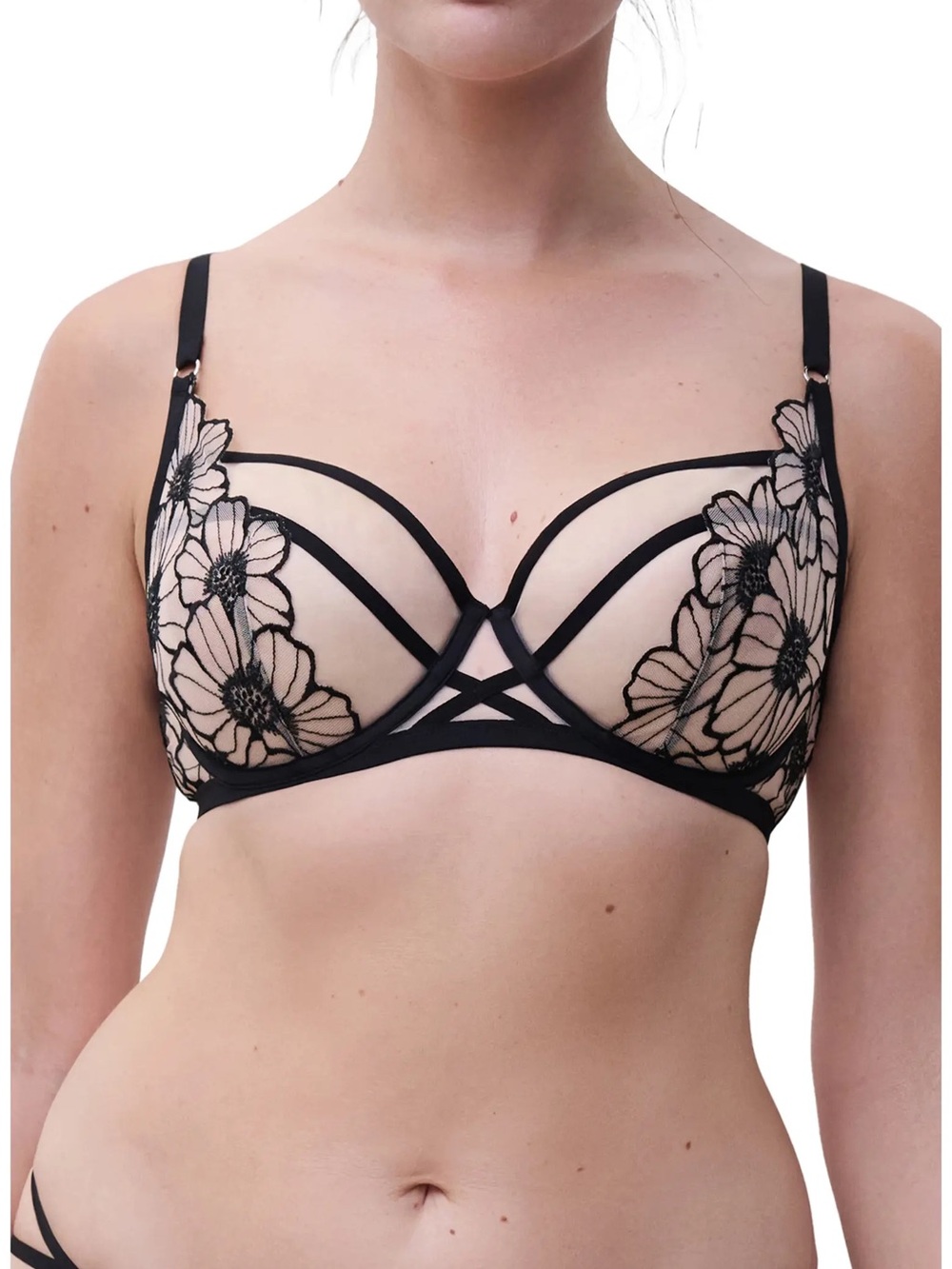 Chantelle Black Sheer Floral Embroidered Plunge Bra 44DD and brief